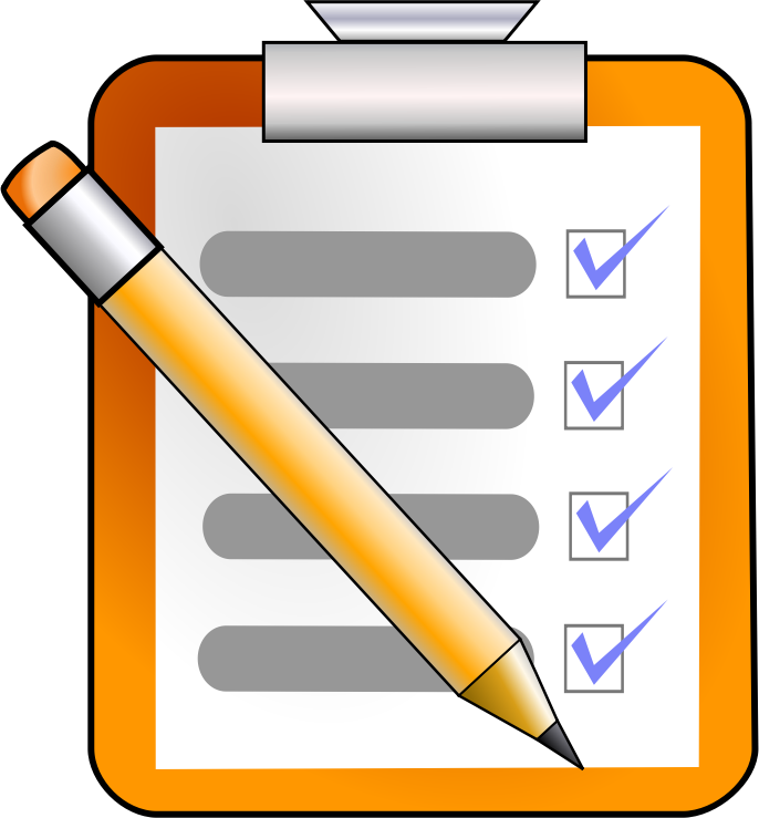 Clipboard with checklist, pencil, blue checkmarks