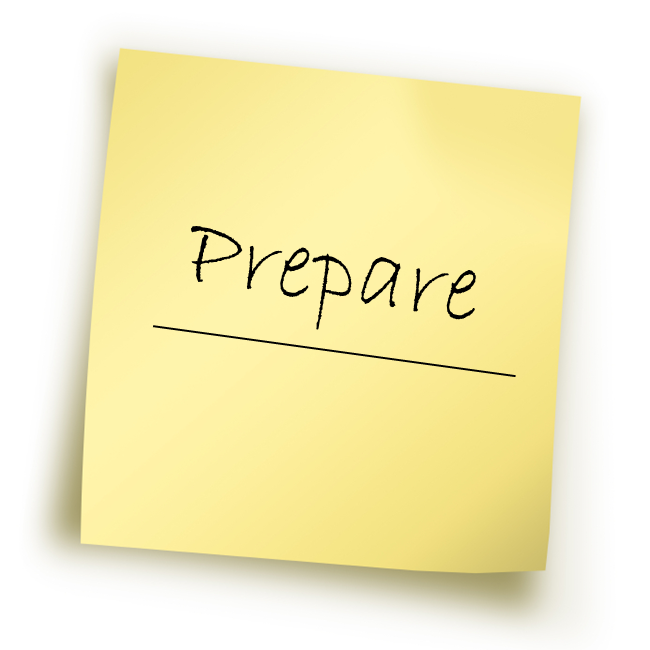 Handwritten "Prepare" on yellow sticky note